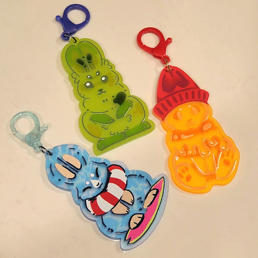 Bunny adopt frosted keychains, approx 2.5 in tall- designed in CSP and assembeled in-house
